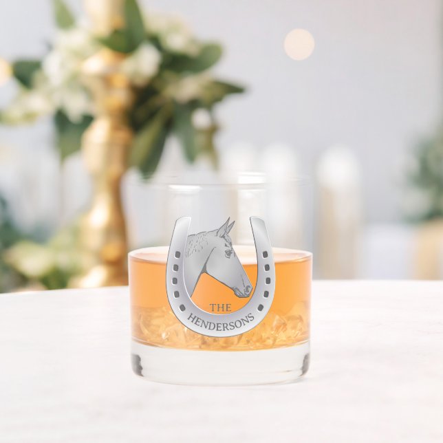 Silvery Horse and Horseshoe Emblem Personalized Whiskey Glass (Insitu (Wedding))