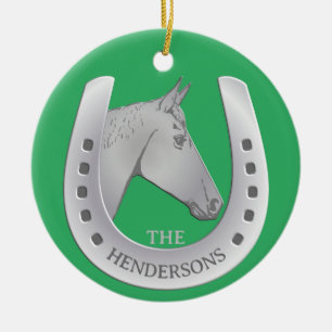 Silvery Horse and Horseshoe Emblem Red Ceramic Ornament