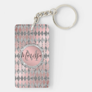 Silvery Pink Glittery Harlequin Monogram   Keychain