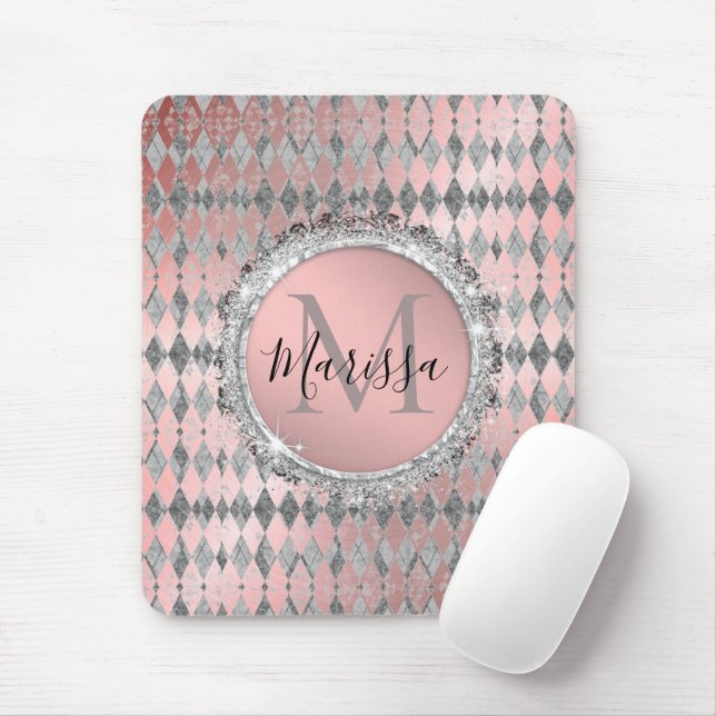 Silvery Pink Glittery Harlequin Monogram   Mouse Pad (With Mouse)