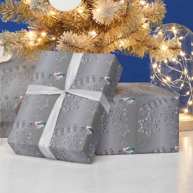 Silvery Reindeer & Santa Snowflakes Wrapping Paper (Holidays)
