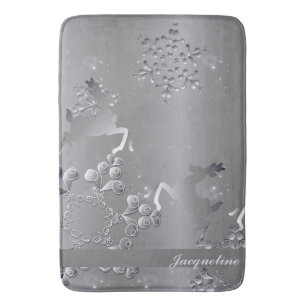 Silvery Reindeer & Snowflakes Bath Mat