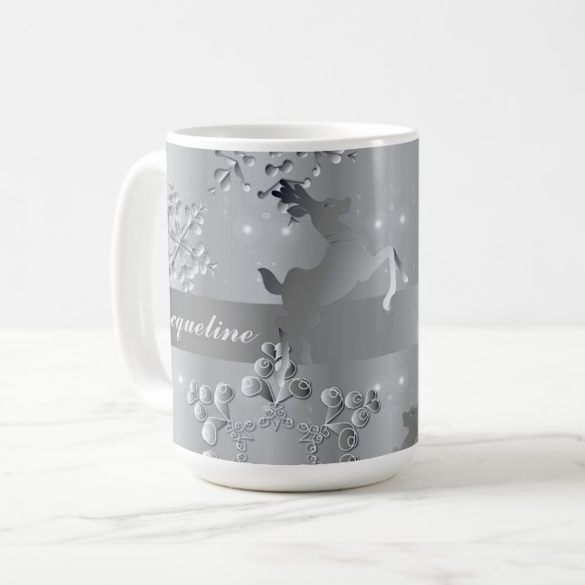 Silvery Reindeer & Snowflakes Mug (Front Left)