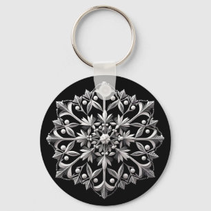 Silvery Snowflake on Black Keychain