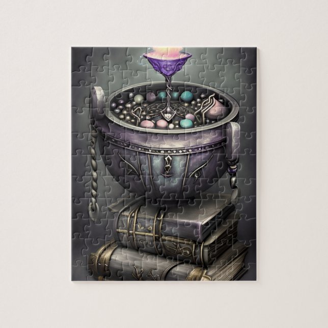 Silvery Steampunk Cauldron Spellbooks and Potions Jigsaw Puzzle (Vertical)