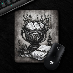 Silvery Steampunk Cauldron Spellbooks and Potions Mouse Pad