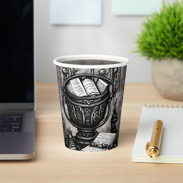 Silvery Steampunk Cauldron Spellbooks and Potions Paper Cups (Insitu)