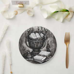 Silvery Steampunk Cauldron Spellbooks and Potions Paper Plate