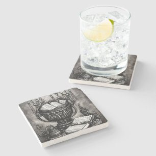 Silvery Steampunk Cauldron Spellbooks and Potions Stone Coaster