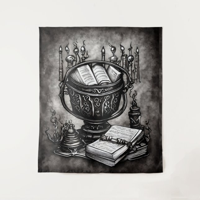 Silvery Steampunk Cauldron Spellbooks and Potions Tapestry (Front)
