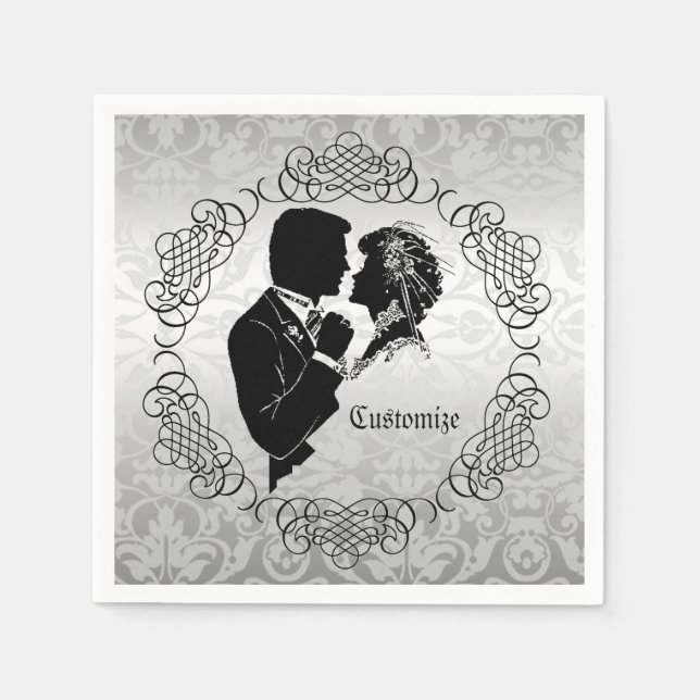 Silvery White Bride & Groom Silhouette Napkins (Front)