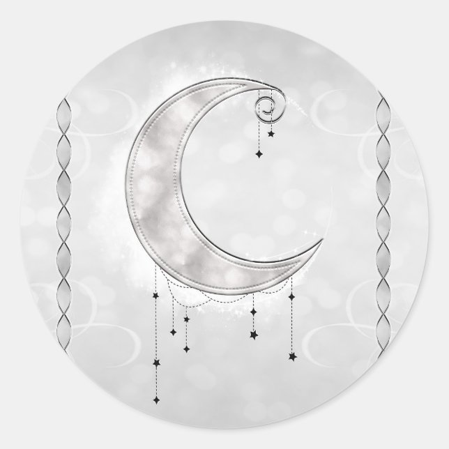 Silvery White Crescent Moon Stars Engagement Party Classic Round Sticker (Front)