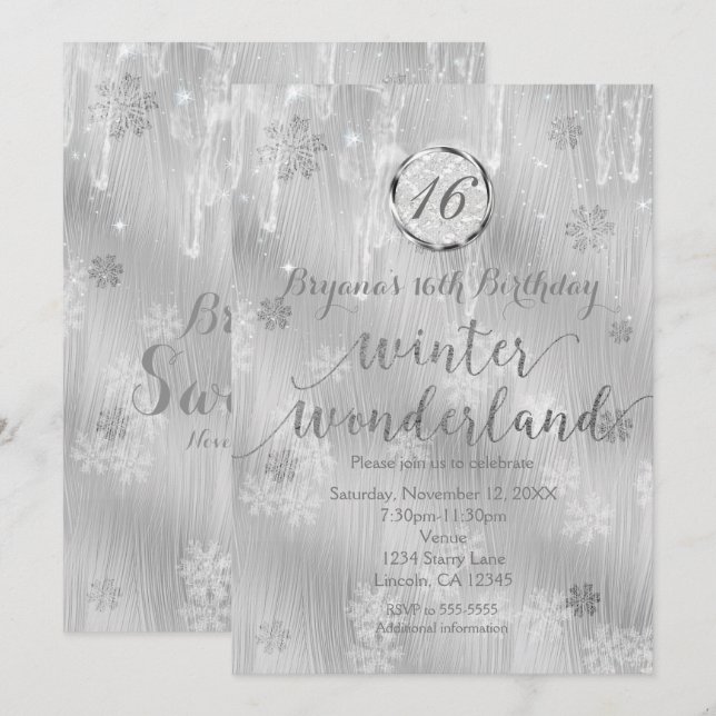Silvery White Snowflakes Winter Invitations (Front/Back)