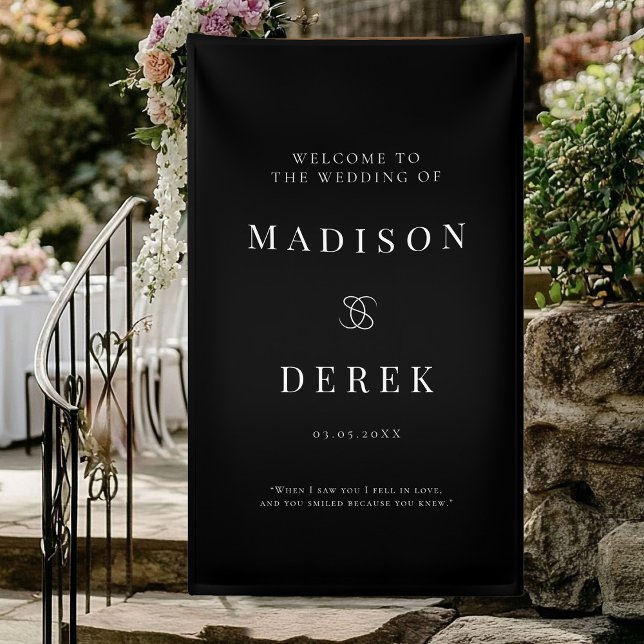 Simpel Elegant Wedding WELCOME Banner (Simpel, Elegant, Wedding "WELCOME" Black Banner with your name and date.)