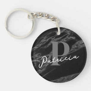 Simpel Modern Script Name Initial Marble Black Keychain