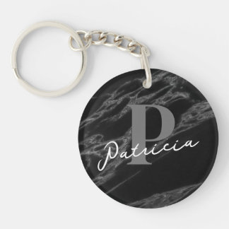Simpel Modern Script Name | Initial Marble Black  Keychain
