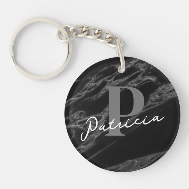 Simpel Modern Script Name | Initial Marble Black  Keychain (Front)