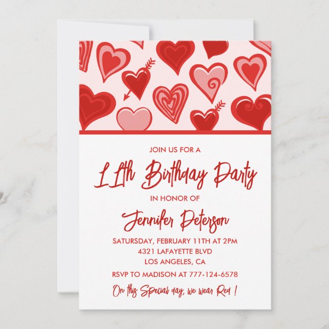 Simple 11th birthday invitations for her Hearts (Front)
