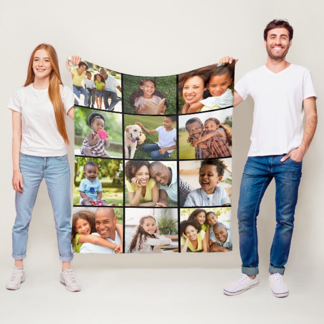 Simple 12 Photo Collage Template Black Fleece Blanket (In Situ)