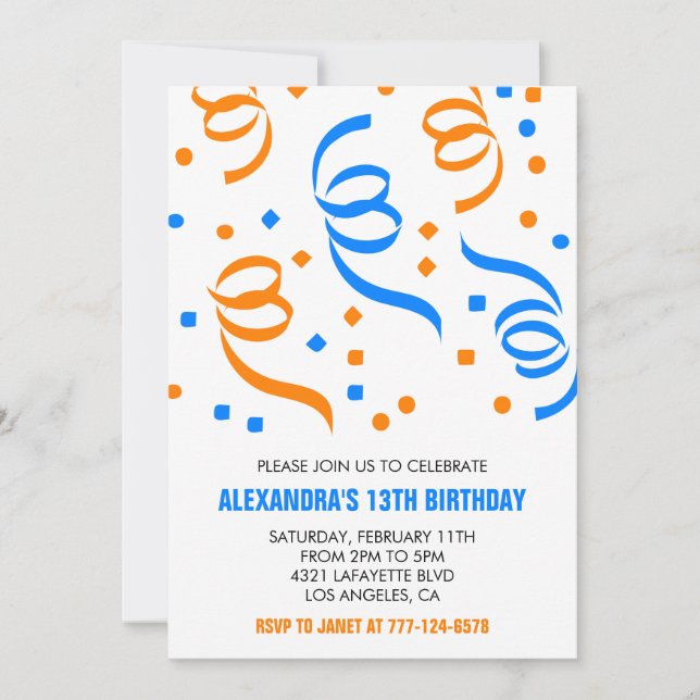 Simple 13th birthday invitations Confetti Blue (Front)