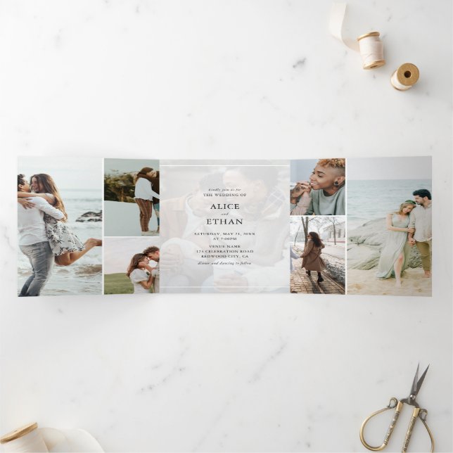 Simple 15 Photo Collage RSVP QR Code Wedding Tri-Fold Invitation (Inside)