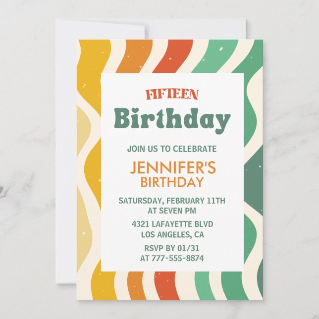 Simple 15th birthday invitations Retro Wavy (Front)