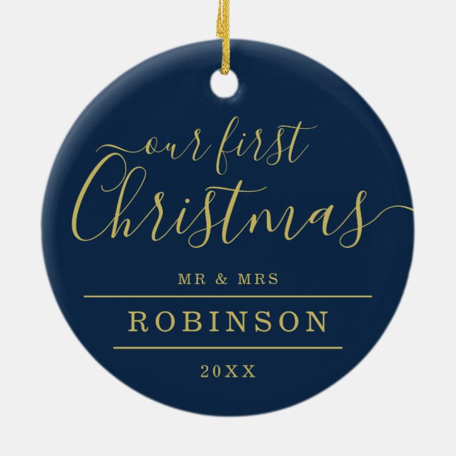 Simple 1st XMAS Wedding Photo Gold Frame Navy Ceramic Ornament (Back)