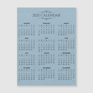 Simple 2021 Calendar on Blue Paper Magnetic Card