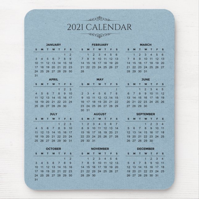 Simple 2021 Calendar on Blue Paper | Mousepad (Front)