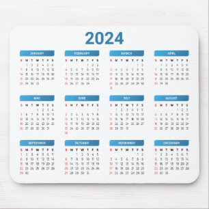 Simple 2024 Year At A Glance Blue & White Calendar Mouse Pad