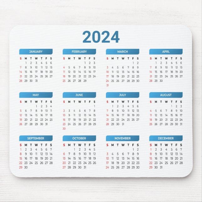 Simple 2024 Year At A Glance Blue & White Calendar Mouse Pad (Front)