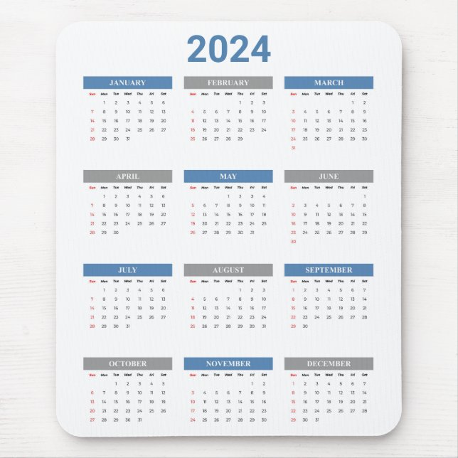 Simple 2024 Year At A Glance Blue & White Calendar Mouse Pad (Front)