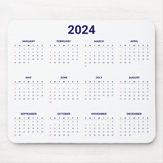 Simple 2024 Year At A Glance Blue & White Calendar Mouse Pad (Front)