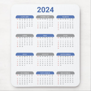Simple 2024 Year At A Glance Blue & White Calendar Mouse Pad