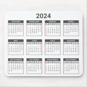 Simple 2024 Year At A Glance Grey & White Calendar Mouse Pad