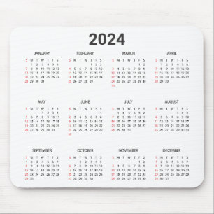 Simple 2024 Year At A Glance Red & Grey Calendar Mouse Pad