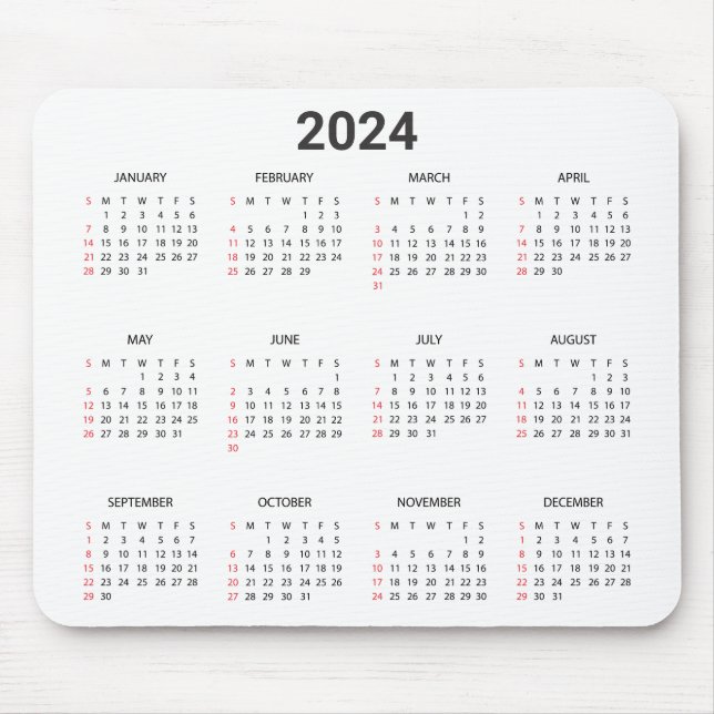 Simple 2024 Year At A Glance Red & Grey Calendar Mouse Pad (Front)