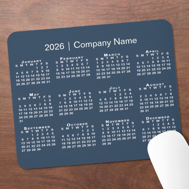 Simple 2026 Calendar Company Name on Navy Blue Mouse Pad (Simple 2026 Calendar Company Name on Navy Blue Mouse Pad, in situ)