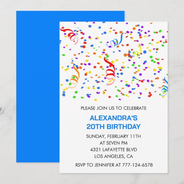 Simple 20th birthday invitations Confetti Rainbow (Front/Back)