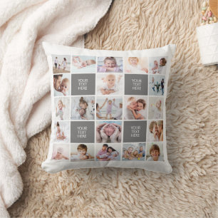 Simple 21 Photo Collage Custom Text and Colour Throw Pillow