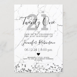 Simple 21st Birthday Party Silver Marble Invitation