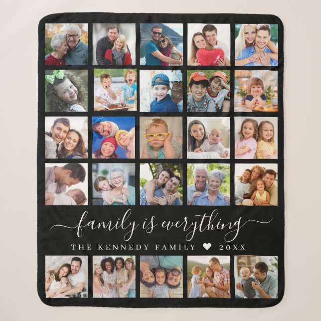 Simple 25 Photo Collage Quote Family Name Black Sherpa Blanket (Front)