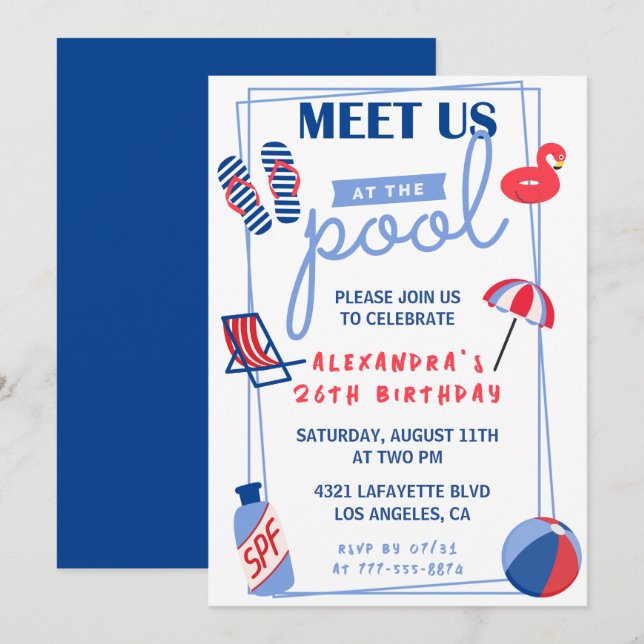 Simple 26th birthday invitations Pool Party Summer (Front/Back)