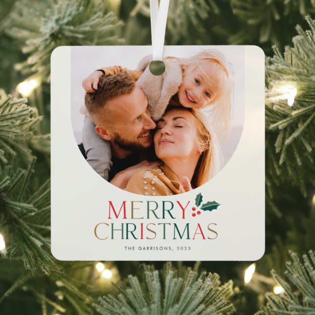 Simple 2 Photo Arch Colourful Merry Christmas Metal Ornament (Insitu)