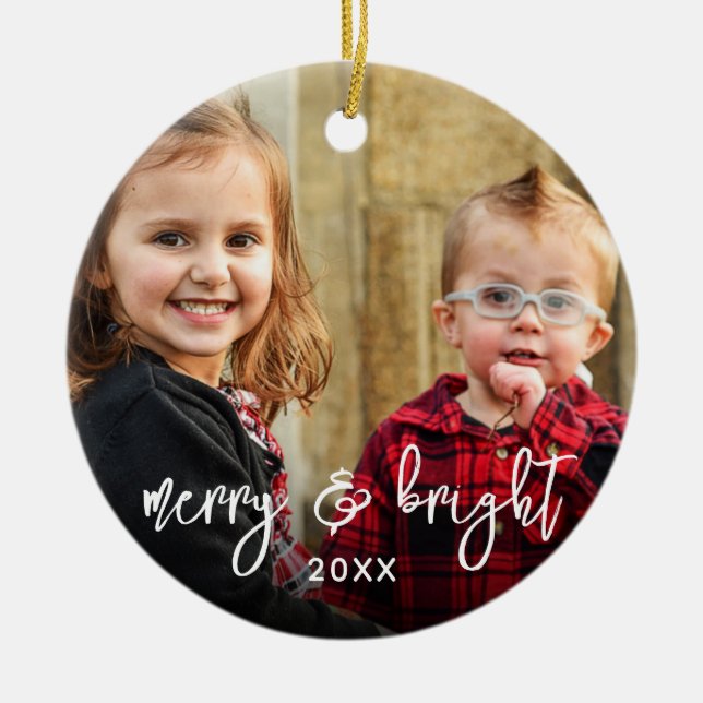 Simple 2 Photo Merry Christmas Holiday Name Modern Ceramic Ornament (Front)