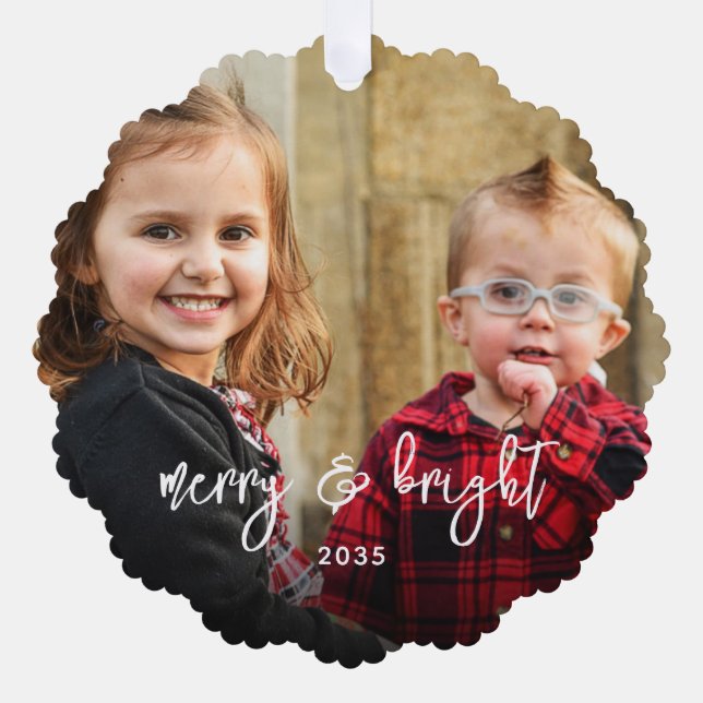 Simple 2 Photo Merry Christmas Holiday Name Modern Ornament Card (Front)