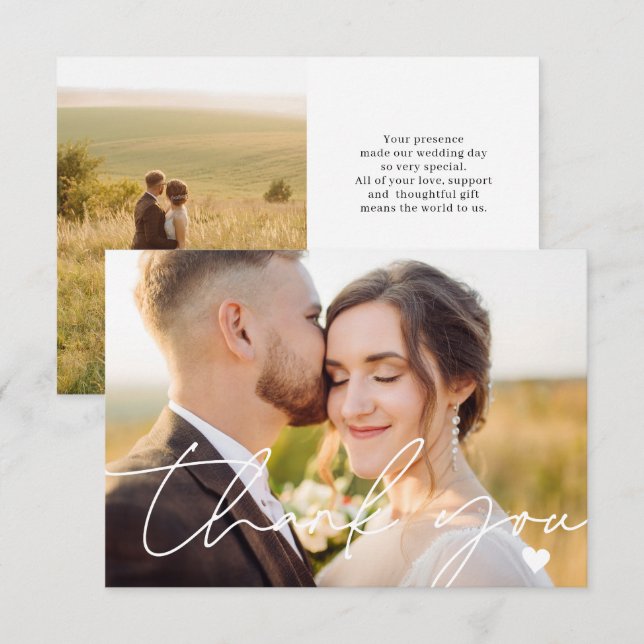 Simple 2 Photo Script Calligraphy Wedding Thank You Card (Front/Back)