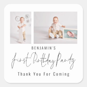 Simple 2 Photo Script First Birthday Party Thanks Square Sticker