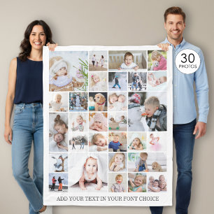 Simple 30 Photo Collage Custom Colour and Text Fleece Blanket
