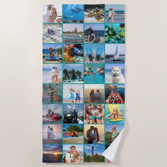 Simple 32 Square Photo Collage Custom Colour Beach Towel (Front)